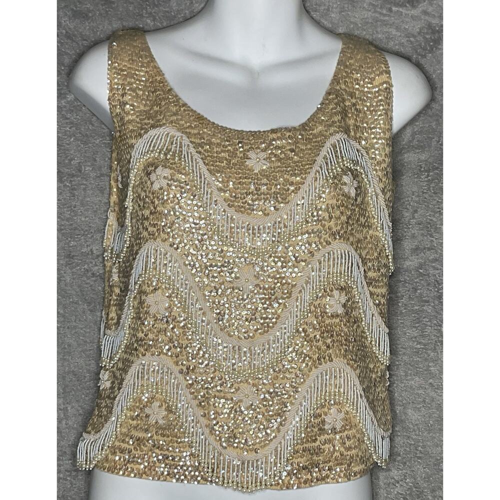 Vintage Jo Ro Imports Beaded Sequin Fringe Top Gold Cream Womens M Festival